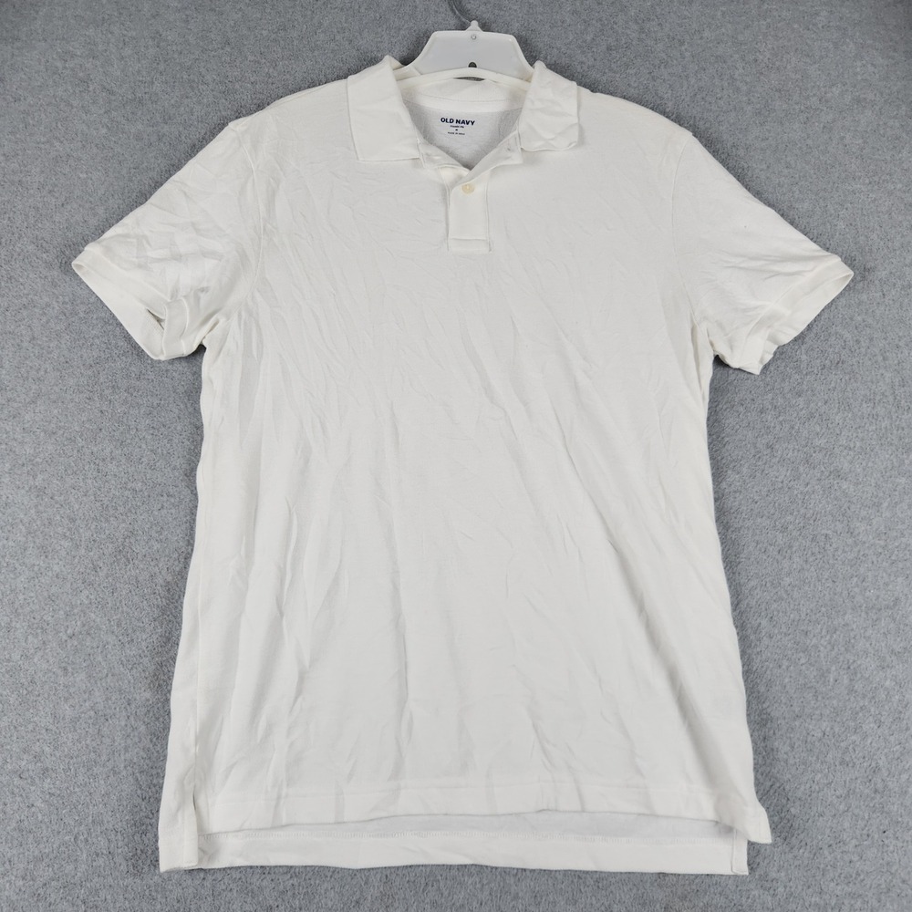 Old Navy Polo Shirt Mens Medium White Cotton Classic Fit Side Slit Hi Low Hem